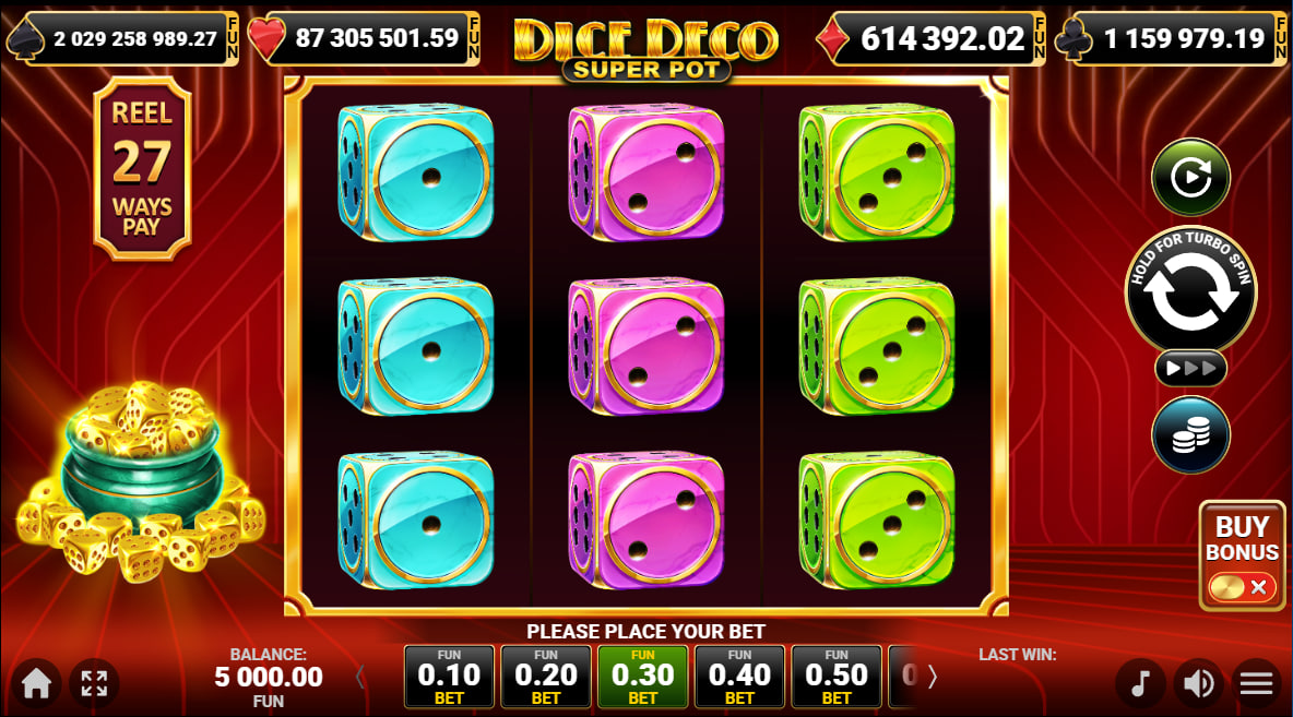 3x3 grid of Dice Deco Super Pot slot with colorful dice symbols on a red background showing the 27-way pay system.