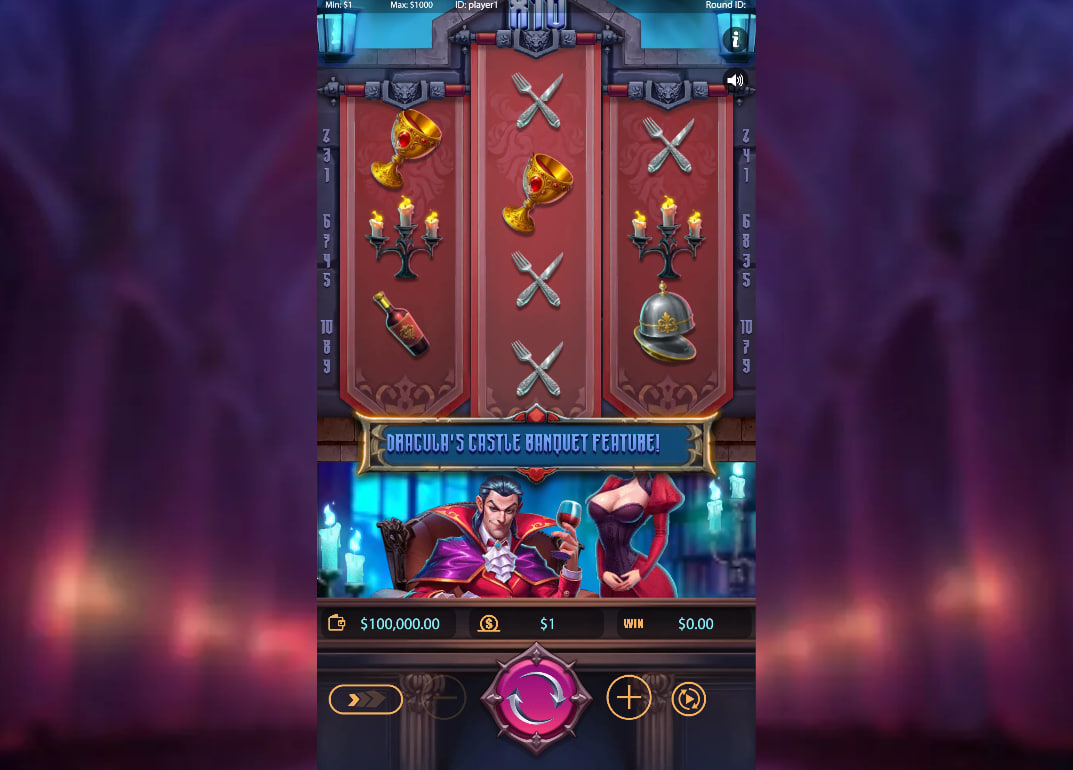 Dracula's Castle Banquet slot main interface showing 3x3 reels and animated vampire characters providing an immersive gothic atmosphere for players.