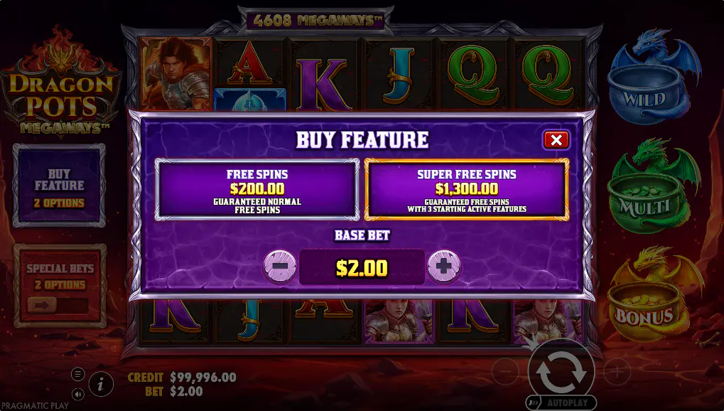 The Buy Feature menu offering standard free spins for 100x and Super Free Spins for 650x the base bet