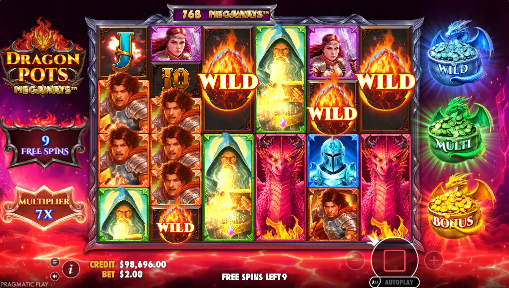 Free spins round in action with multiple fire wild symbols on the grid and a 7x global win multiplier active