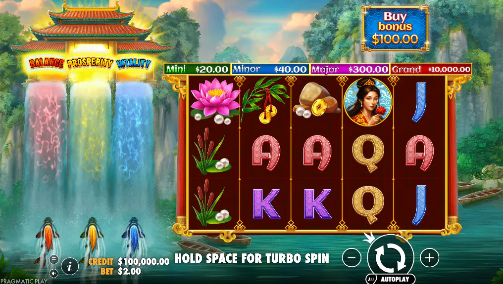 Dragon's Gate Bonus Choice base game screen with jackpot panel and Balance, Prosperity, and Vitality tracks visible