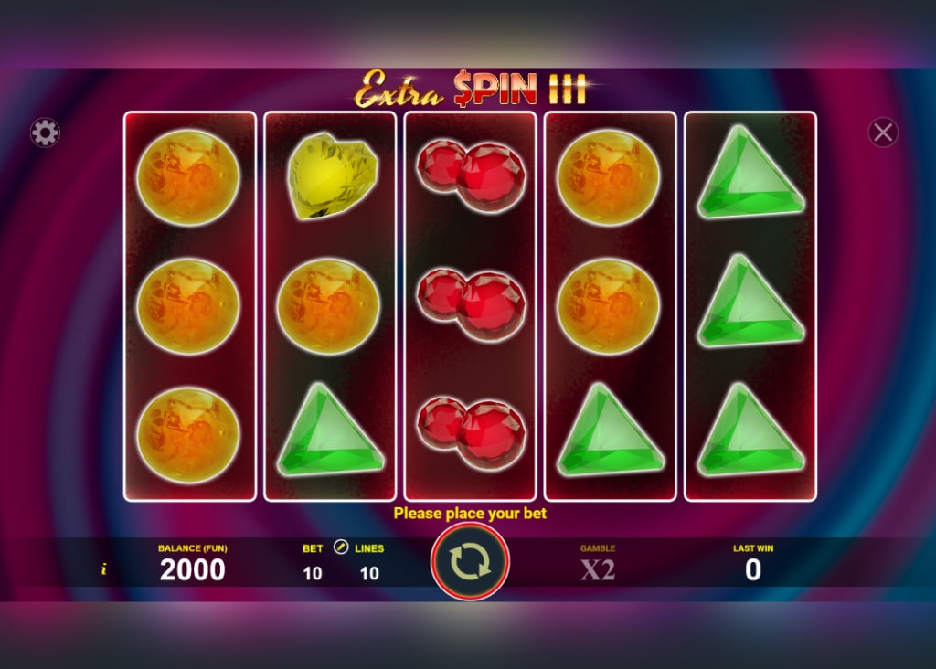 Main 5x3 reel grid in Extra $PIN III slot showing gem symbols and Lucky 7 Wilds which help players visualize the starting payline structure.