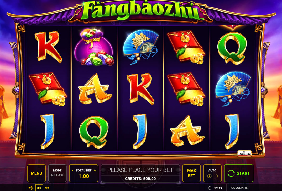 Main gameplay screen of Fang Bao Zhu slot showing the 5x3 grid and the three metamorphic firecrackers at the top for tracking bonus progress.