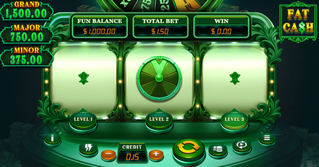Main interface of Fat Cash slot showing the 3x1 reel grid and Level selection buttons for high-stakes concatenation play.