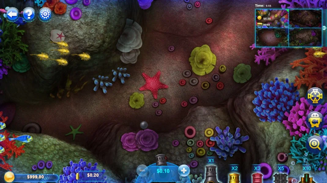 Multiple neon fish swimming across a coral reef in Fish Catch gameplay showing the active shooting environment for players.