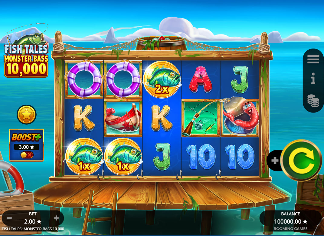 Main interface of Fish Tales Monster Bass 10,000 slot showing fishing reels on a wooden pier background to illustrate the game's atmosphere.