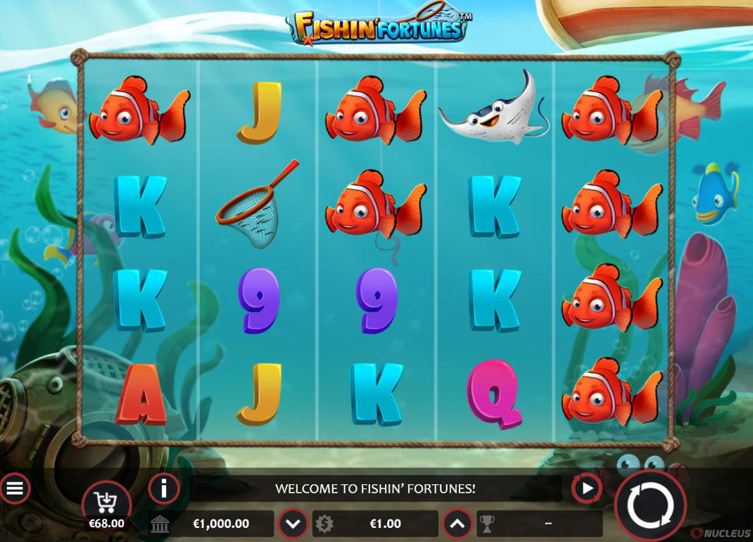 Full 5x4 reel grid of Fishin' Fortunes slot showing aquatic symbols and 1024 ways to win interface.