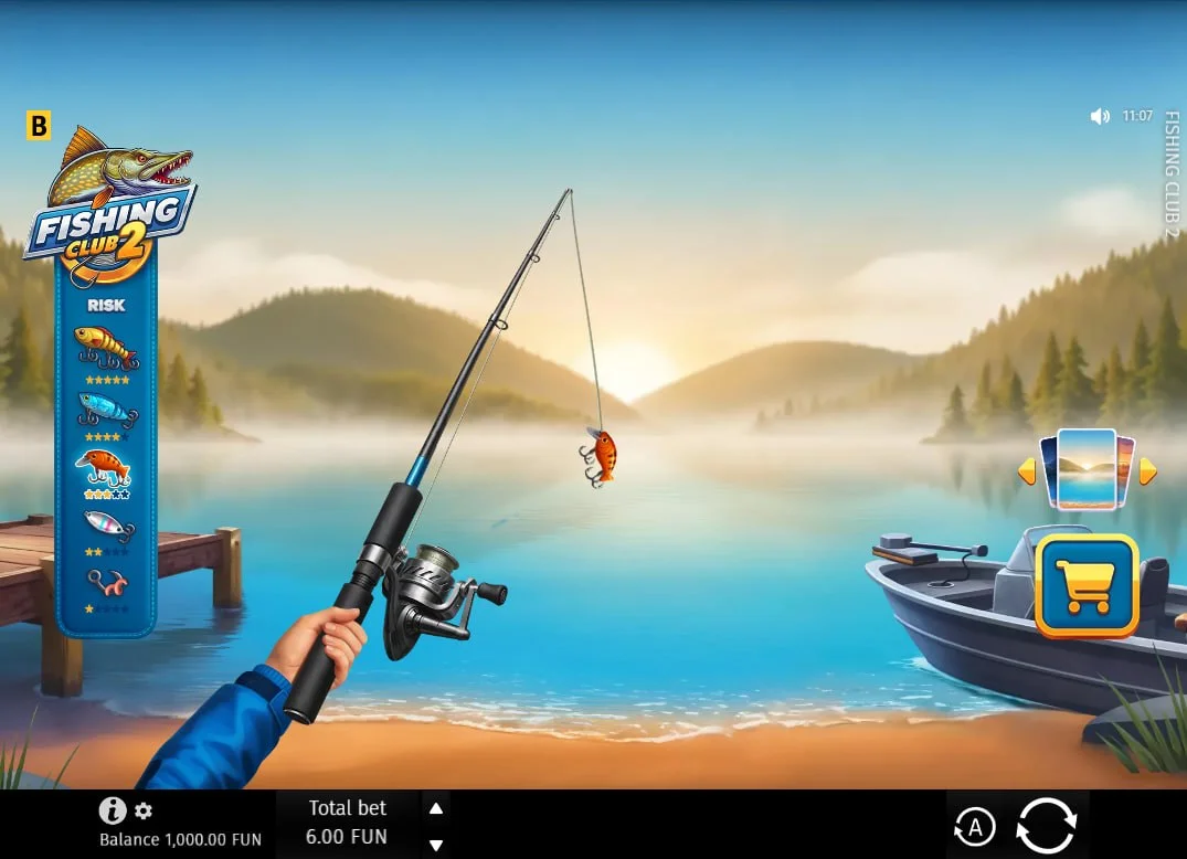Fishing rod held by a player over a misty lake in Fishing Club 2 showing the risk level selection sidebar for tactical betting.