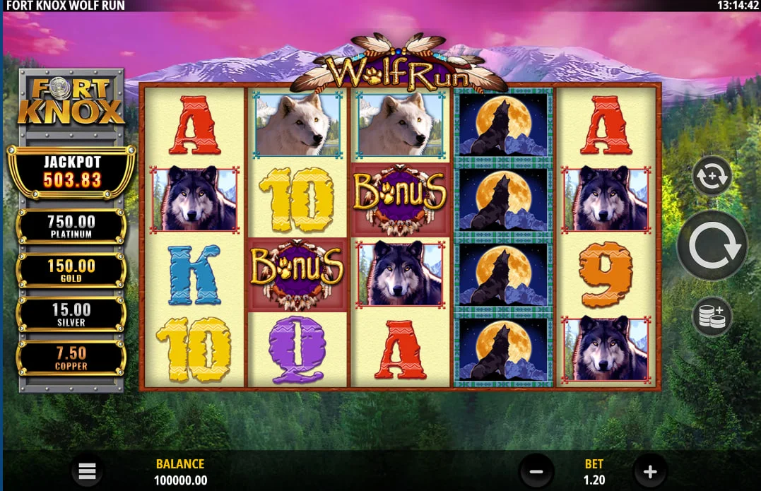 Wolf symbols and card icons on a 5-reel slot grid illustrating the base game layout for better win visualization.