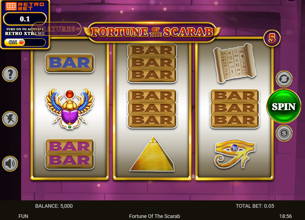 3x3 grid of Fortune Of The Scarab slot showing BAR and Pyramid symbols which helps players understand the classic layout.