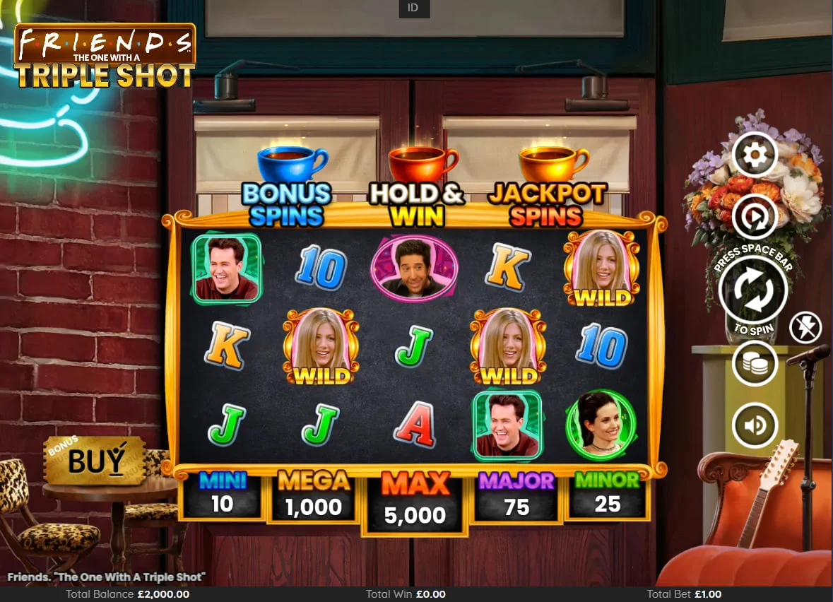 Friends The One With a Triple Shot main slot interface showing Ross and Monica symbols on a 5x4 grid with jackpot values listed below.
