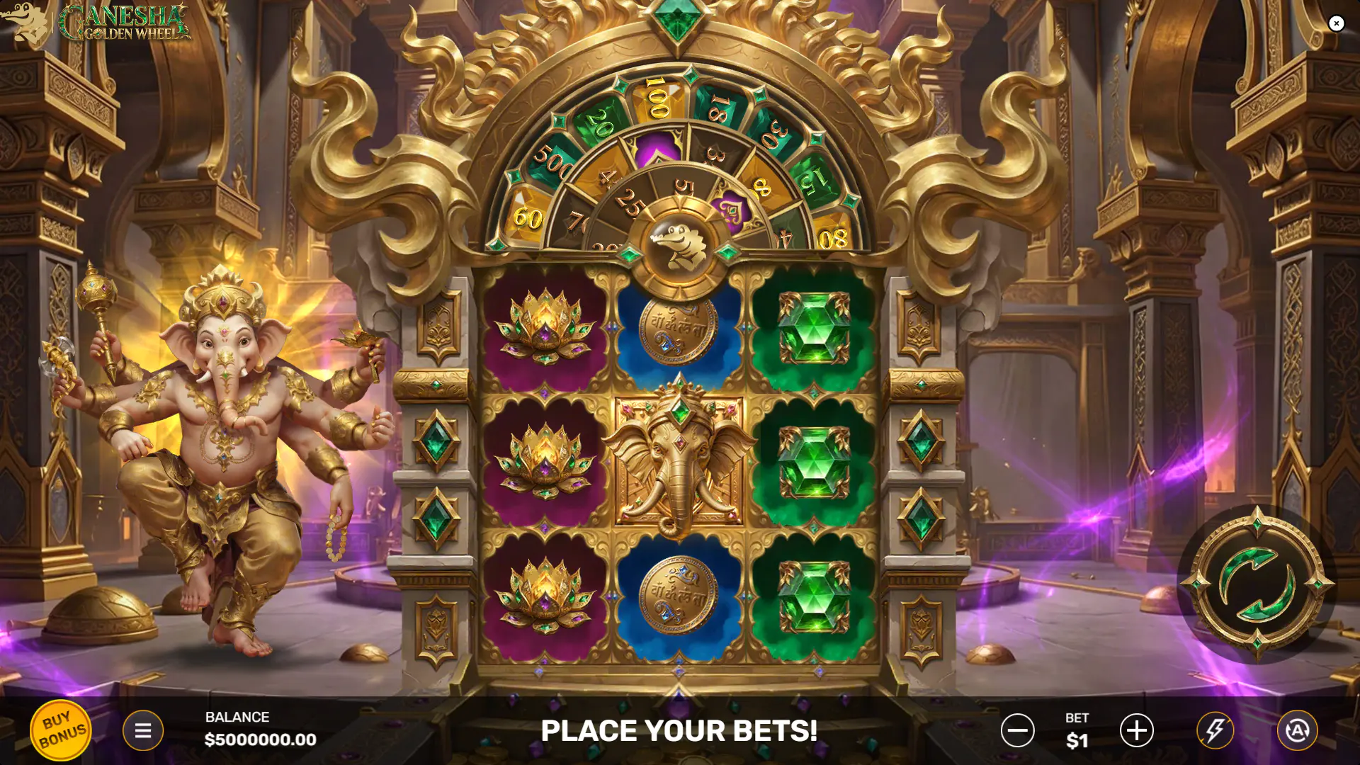 The main game screen of Ganesha Golden Wheel, showing the 3x3 reel layout and the large prize wheel feature above it.