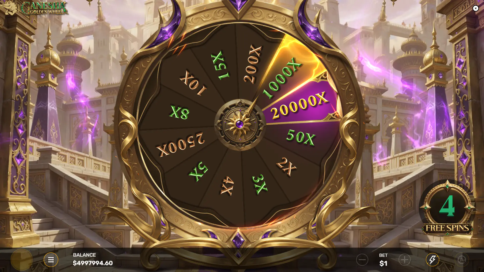 The Ganesha's Wild Respins feature is active, with multiple sticky wild symbols locked on the reels for the next spin.