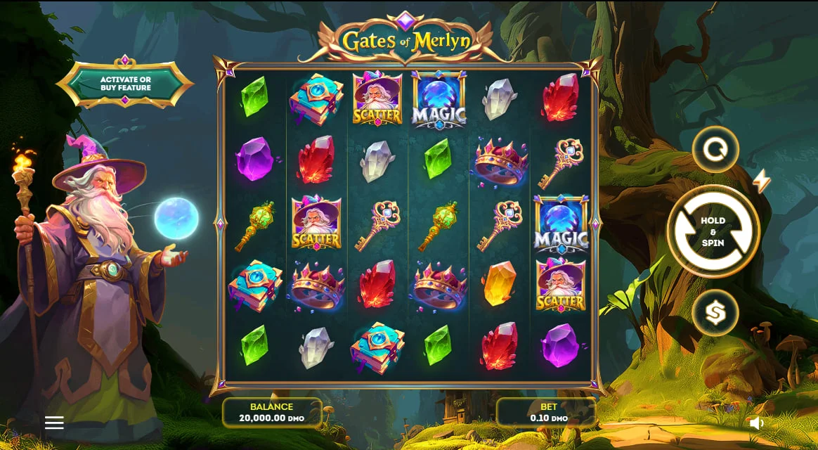 Full 6x5 game grid of Gates of Merlyn slot featuring wizard Merlyn and magical gems on the reels.