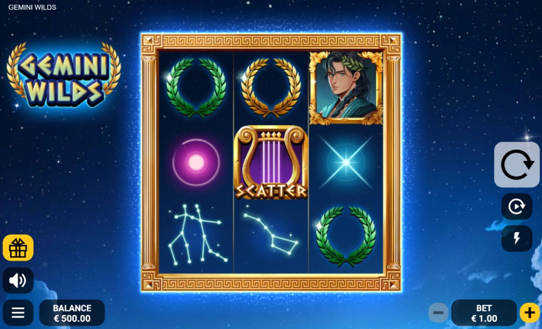 3x3 grid of Gemini Wilds slot featuring constellations and Greek wreaths on a star-filled background, showing the basic layout for players.