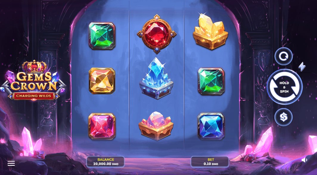3x3 grid of Gems Crown - Charging Wilds slot featuring glowing red and blue gem symbols in a crystal cave setting.