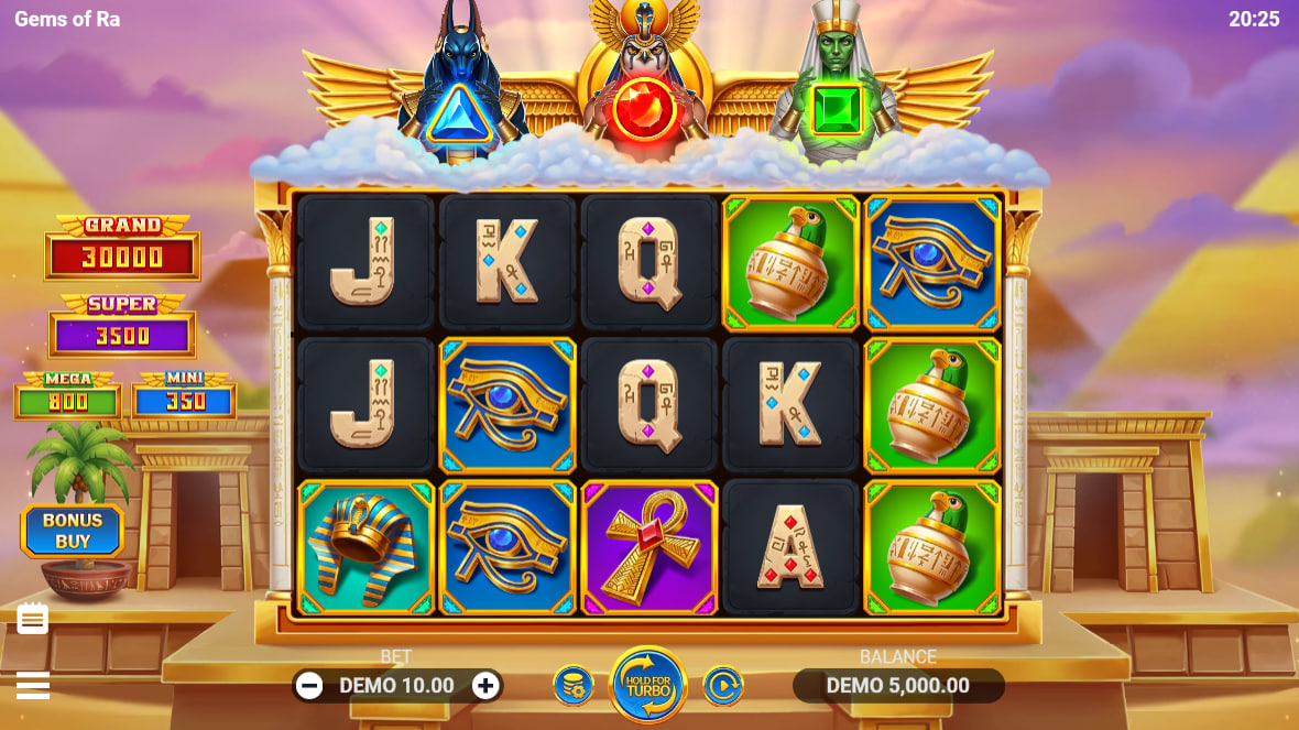 Gems of Ra slot main interface showing 5x3 reels and Anubis Horus Osiris statues above the grid.