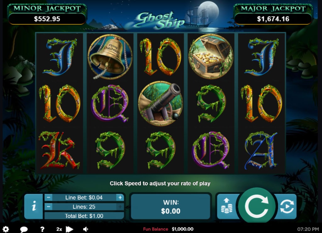 Ghost Ship slot interface showing 5x3 reels with pirate symbols and betting controls in a ghostly underwater setting.