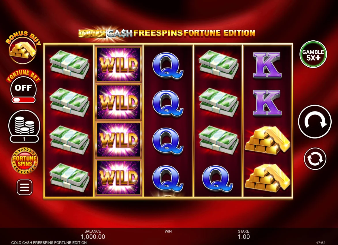 Main reels of Gold Cash Free Spins Fortune Edition slot showing cash and gold bar stacks which are the primary high-value symbols for the player.