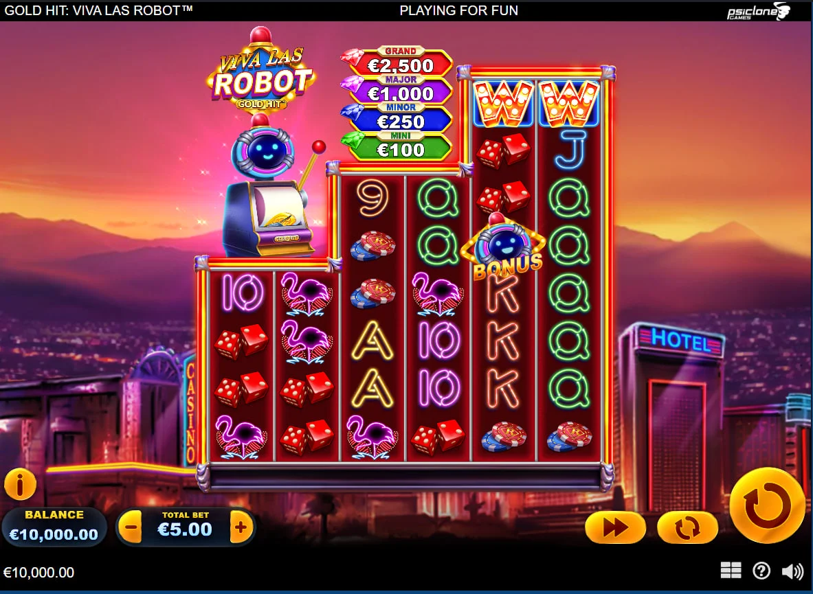 Full 4-4-6-6-6 reel grid of Gold Hit Viva Las Robot slot showing the Vegas cityscape backdrop and active betting interface.