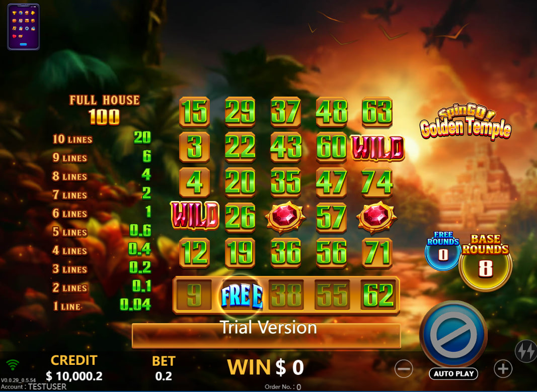 Golden Temple 5x5 game grid with numbers and highlighted Wild symbols showing a base round payout table on the left.