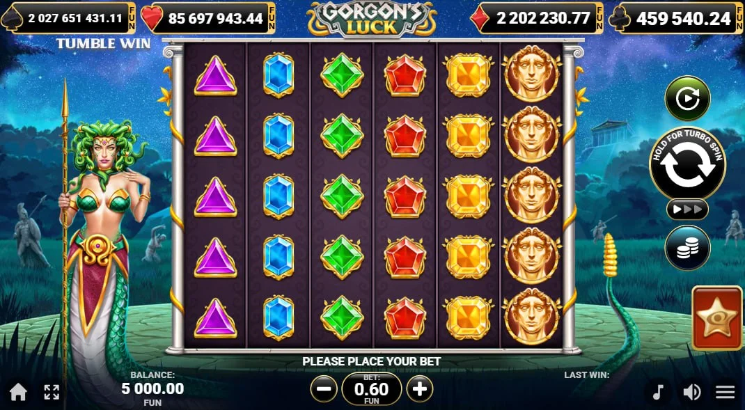 Gorgon's Luck 6x5 slot grid with Medusa character standing by the reels to show the game's mythological setting.