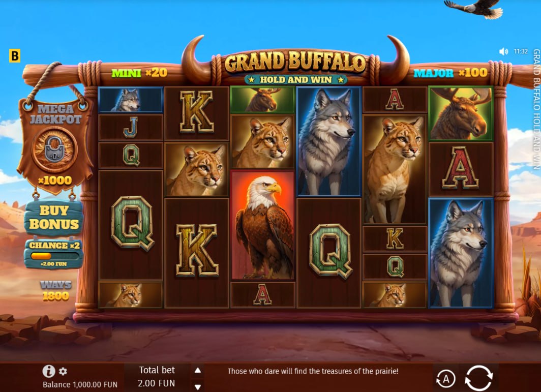 Full grid of Grand Buffalo Hold & Win slot showing animal symbols like wolves and eagles which is important for understanding the 1,800 ways to win.