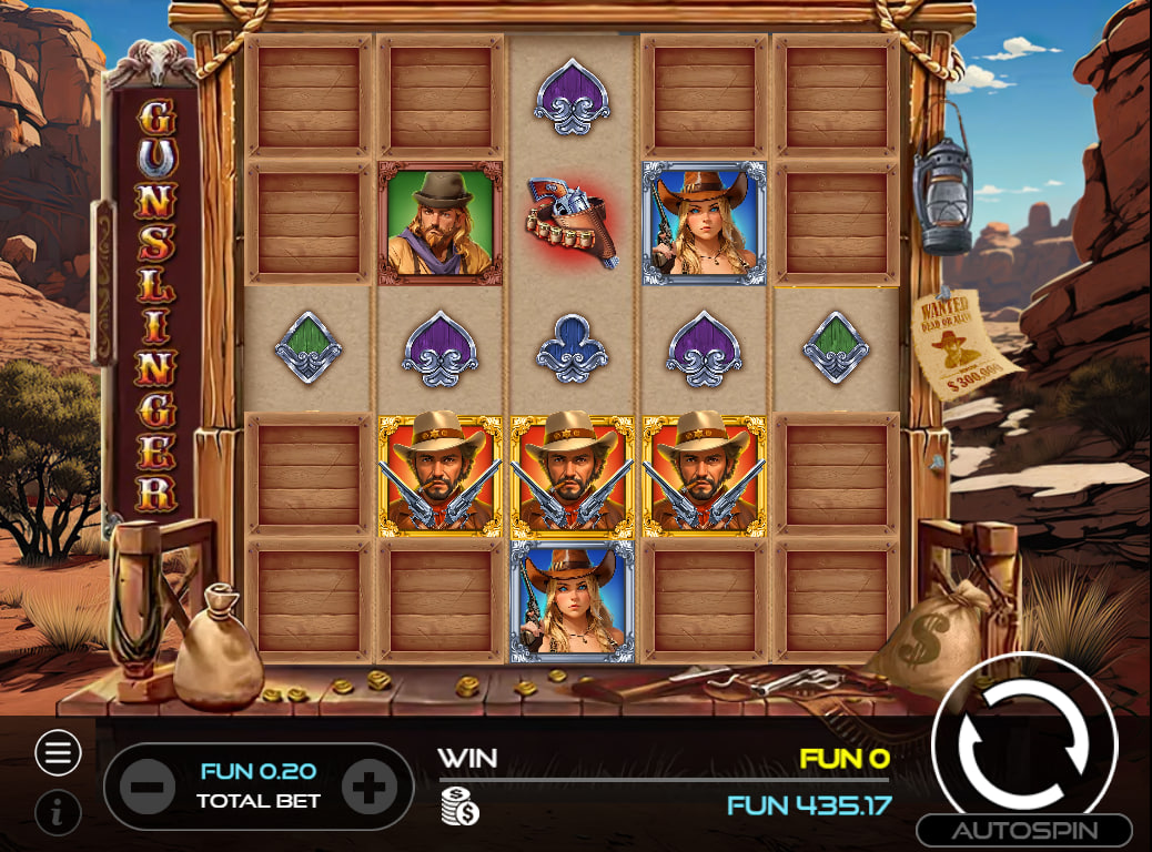 The Gunslinger slot 5x5 grid partially covered by wooden blocks at the start of a spin, showing the hurdle players must overcome to clear the board.