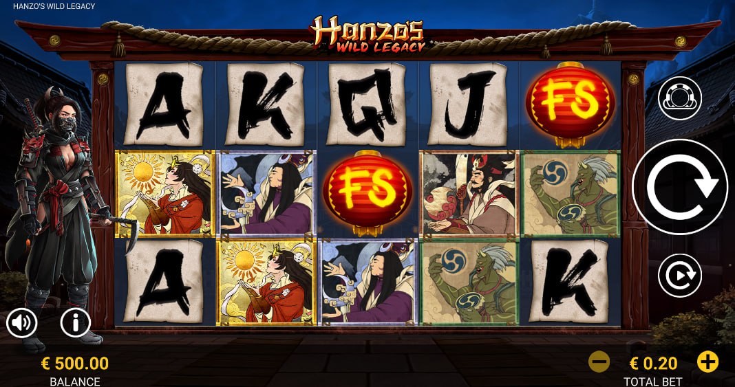Hanzo's Wild Legacy 5x3 reel grid with ninja character and Japanese temple background showing symbol layout for players.