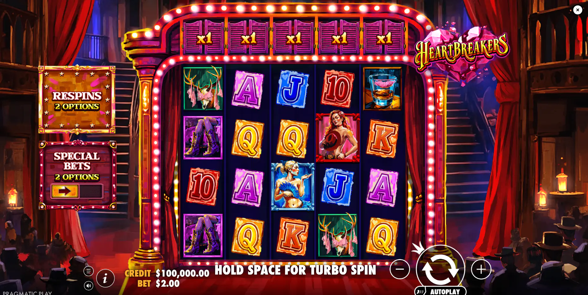 The main 5x4 game grid of the Heartbreakers slot, showing the special multiplier row above the reels, which is central to the gameplay.