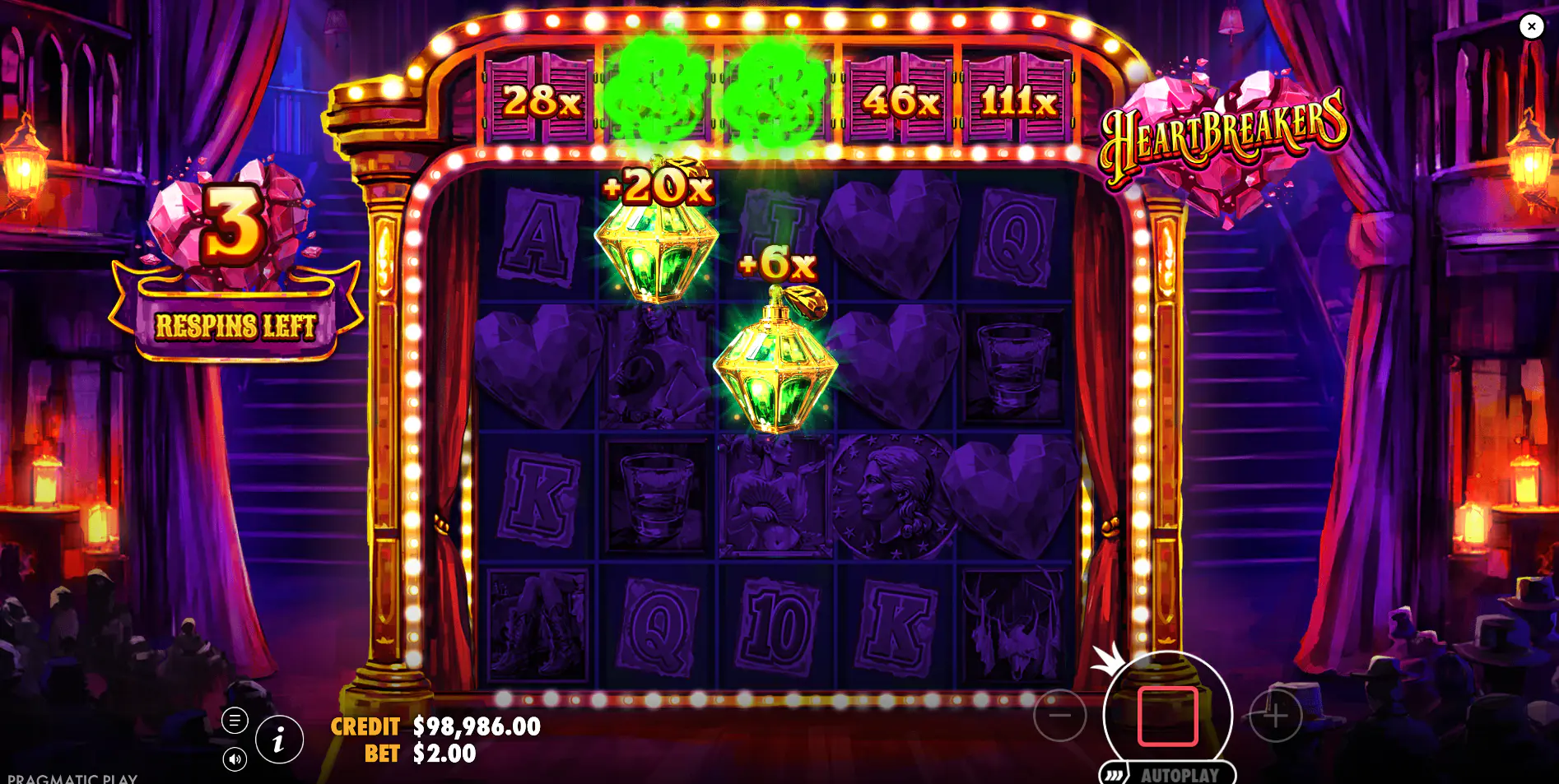 The Heartbreakers Respins bonus in action, with collect symbols on the grid building up the five persistent multipliers on the top row.