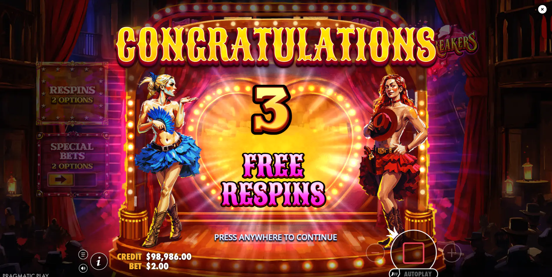 The bonus round trigger screen in Heartbreakers, showing the congratulatory message for activating the Respins feature with three scatters.
