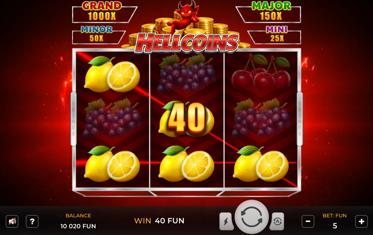 A winning combination on the 3x3 grid of the Hell Coins slot, showing a payout for fruit symbols in the base game.