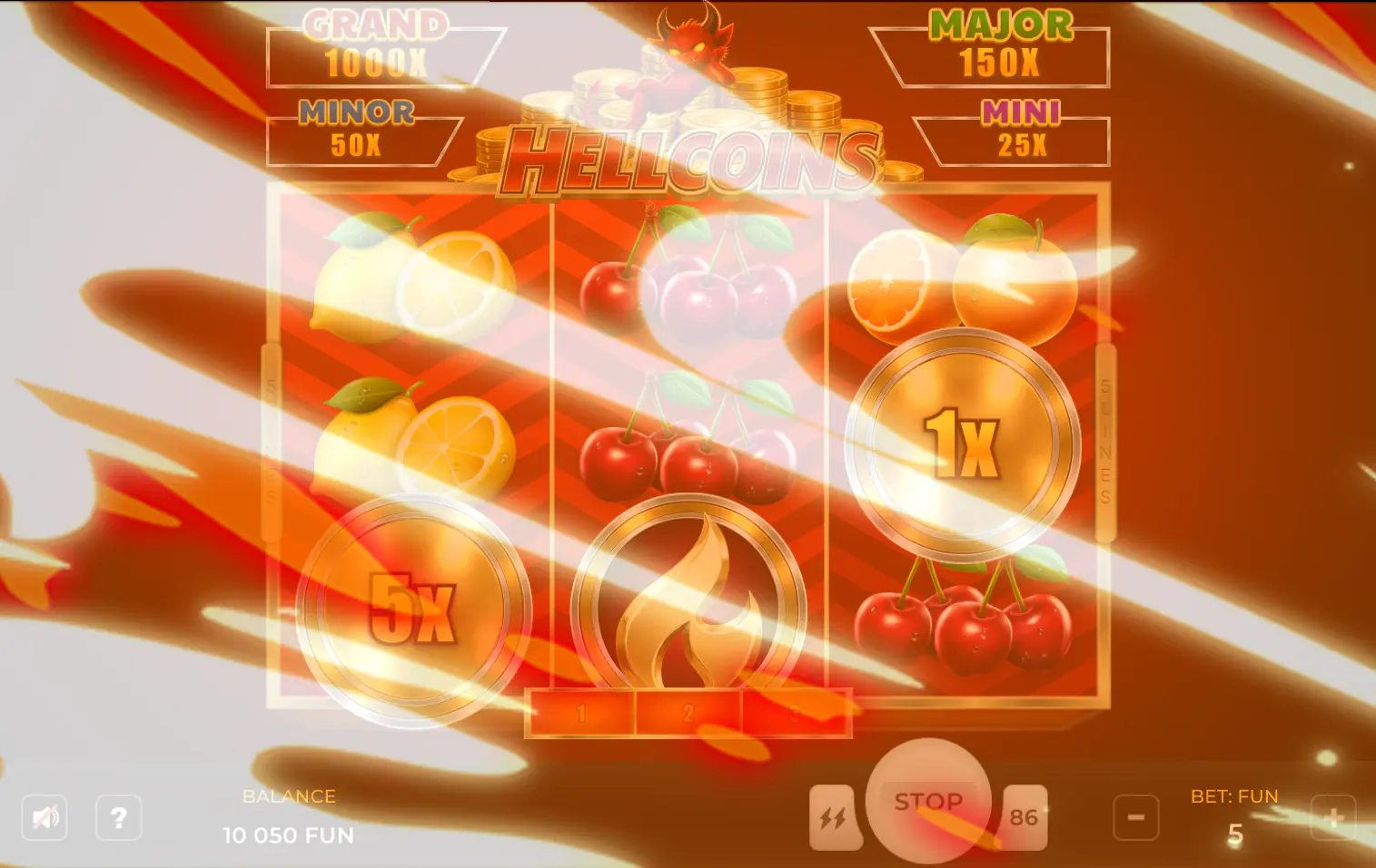 The Hold & Win bonus feature is triggered in the Hell Coins slot, with three coin symbols locking in place to start the respins.