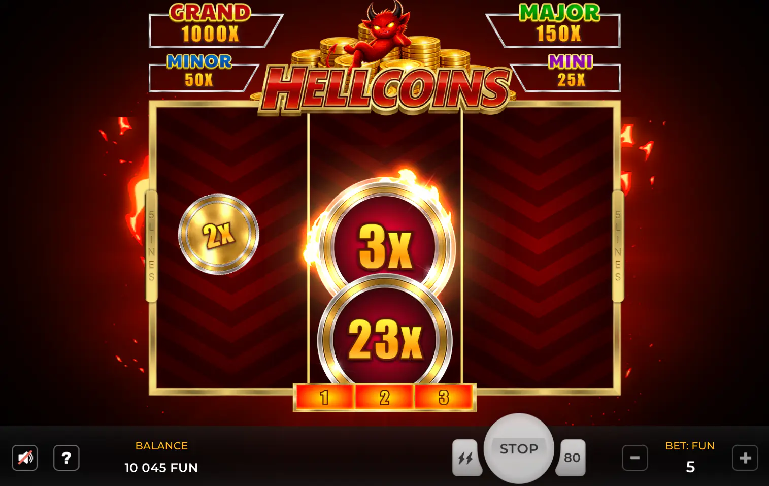 The Hold & Win bonus round of Hell Coins in action, displaying various multiplier coins and jackpot symbols on the grid.
