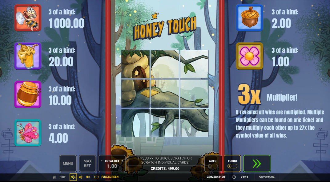 Honey Touch game grid in a forest setting showing the 3x3 layout and the Bee symbol payout info for player context.