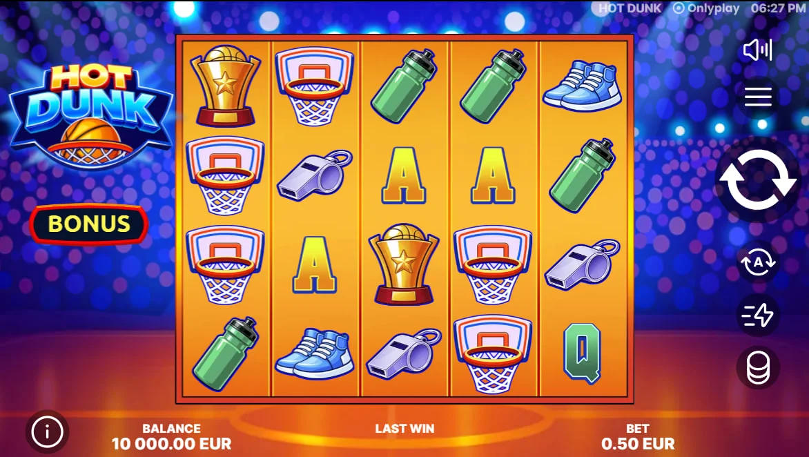 Technical paytable of Hot Dunk slot highlighting the 10x payout for the gold trophy and multipliers for low-tier card symbols.