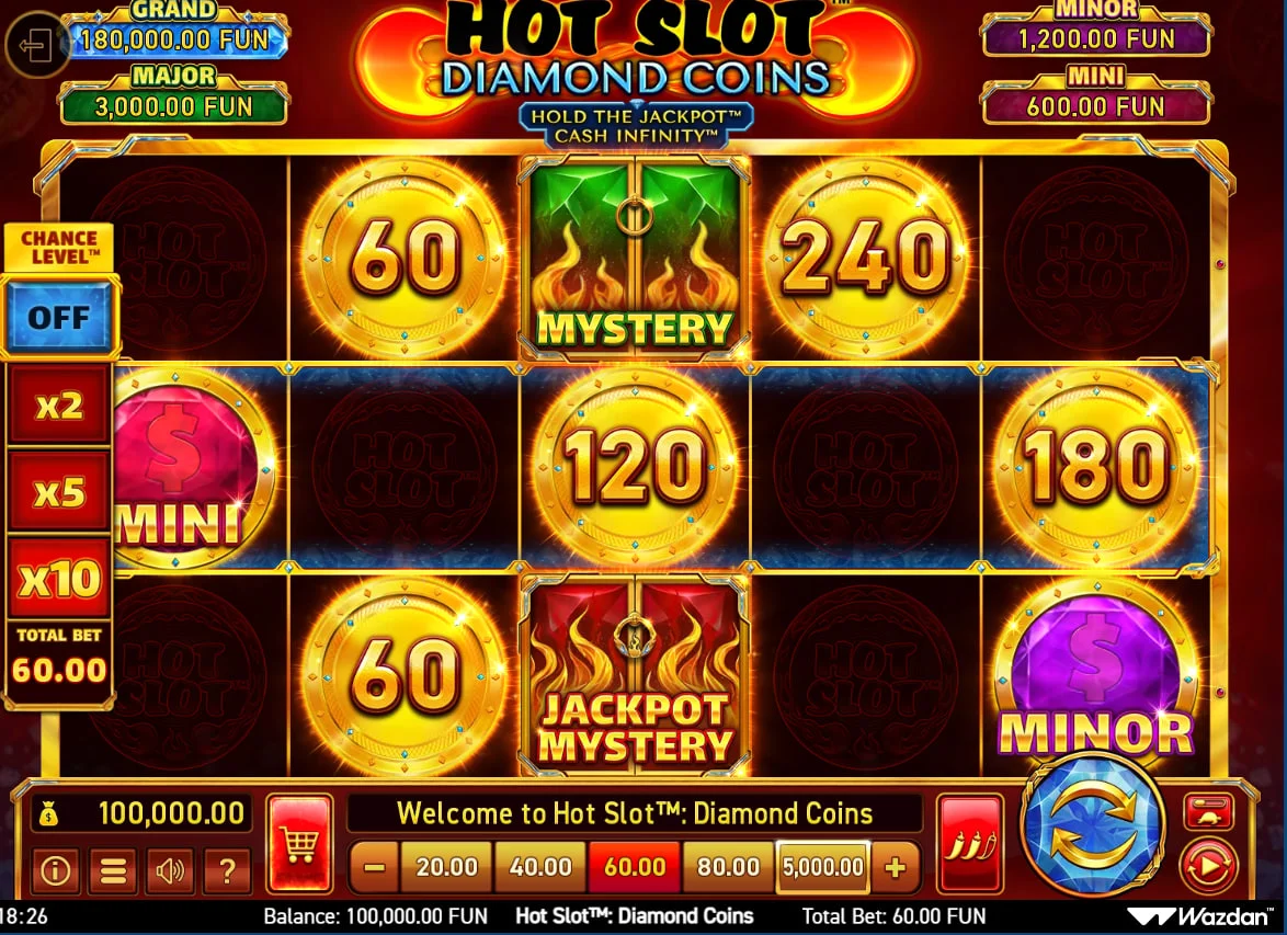 Gold coin symbols and jackpot meters on the Hot Slot Diamond Coins 15-reel grid showing the base game interface.