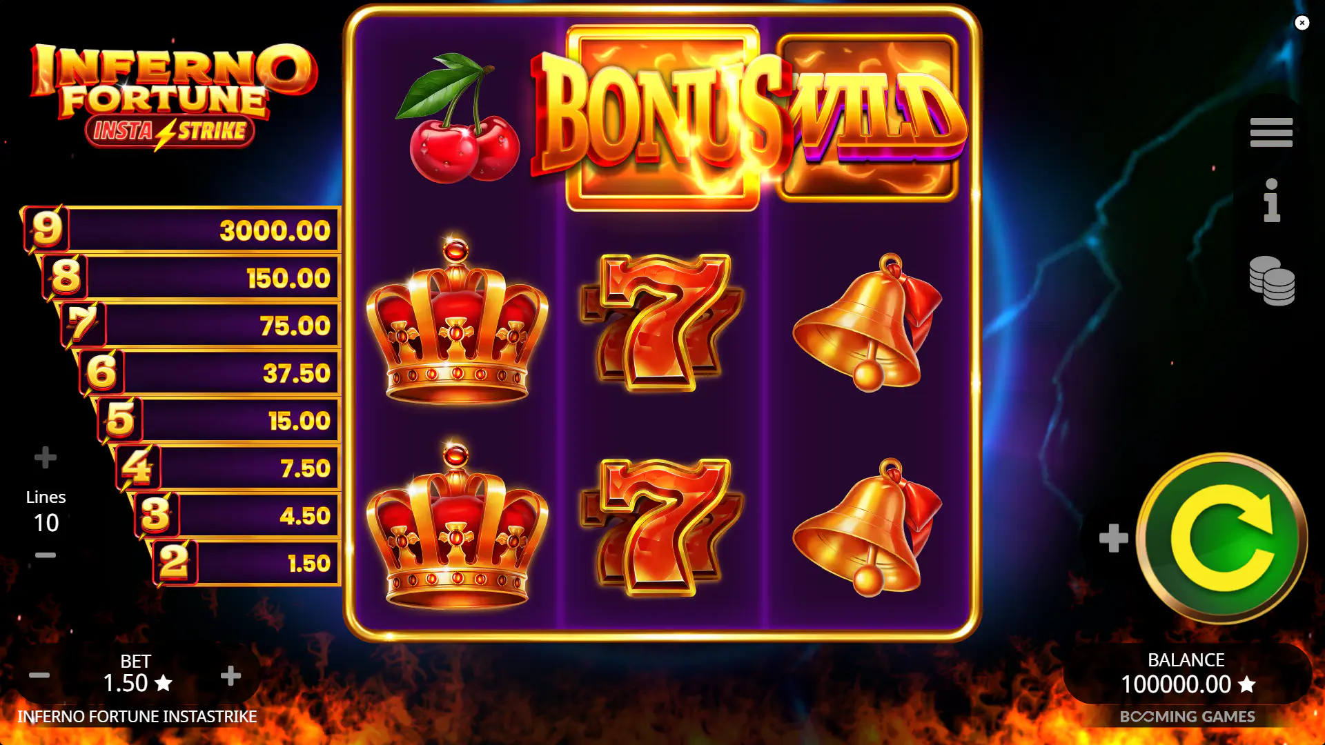 The 3x3 game grid of Inferno Fortune InstaStrike during base gameplay, with the dynamic InstaStrike prize ladder visible on the left, showing potential scatter payouts.
