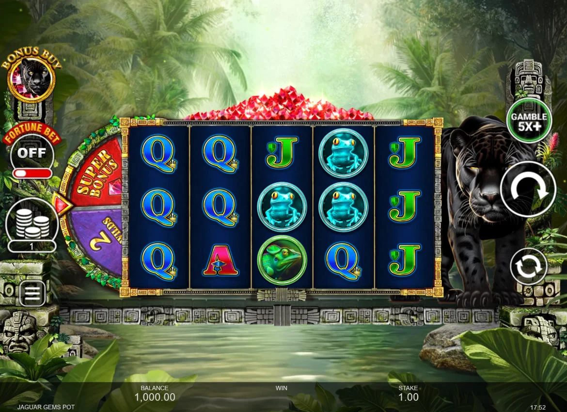 Jaguar Gems Pot slot main interface showing jungle background and the Jaguar high-pay symbol on the reels for base game potential.