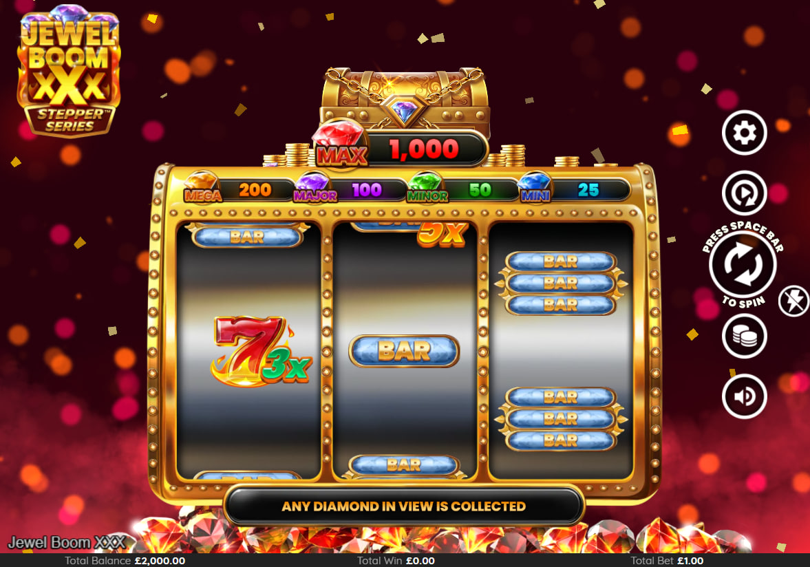 Jewel Boom XXX intro screen showing 500x Wild payouts and 5 fixed jackpots explaining the game's core value to the player.
