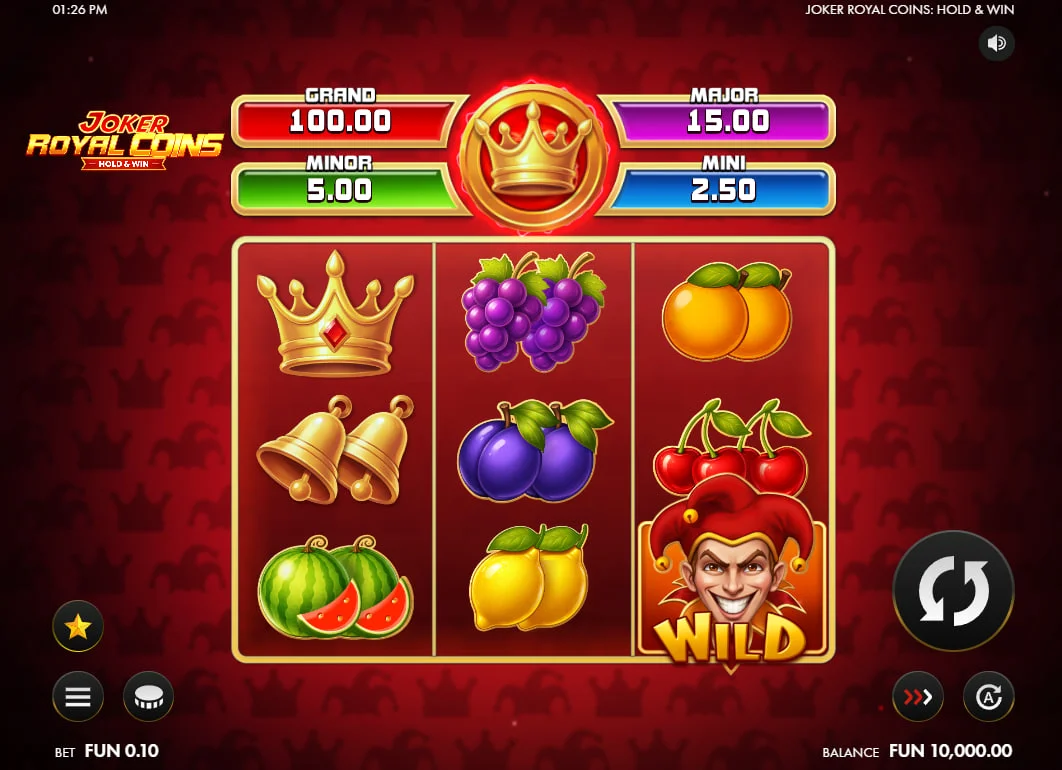 3x3 grid of Joker Royal Coins slot showing fruit symbols and four fixed jackpots to provide a visual overview of the base game interface.