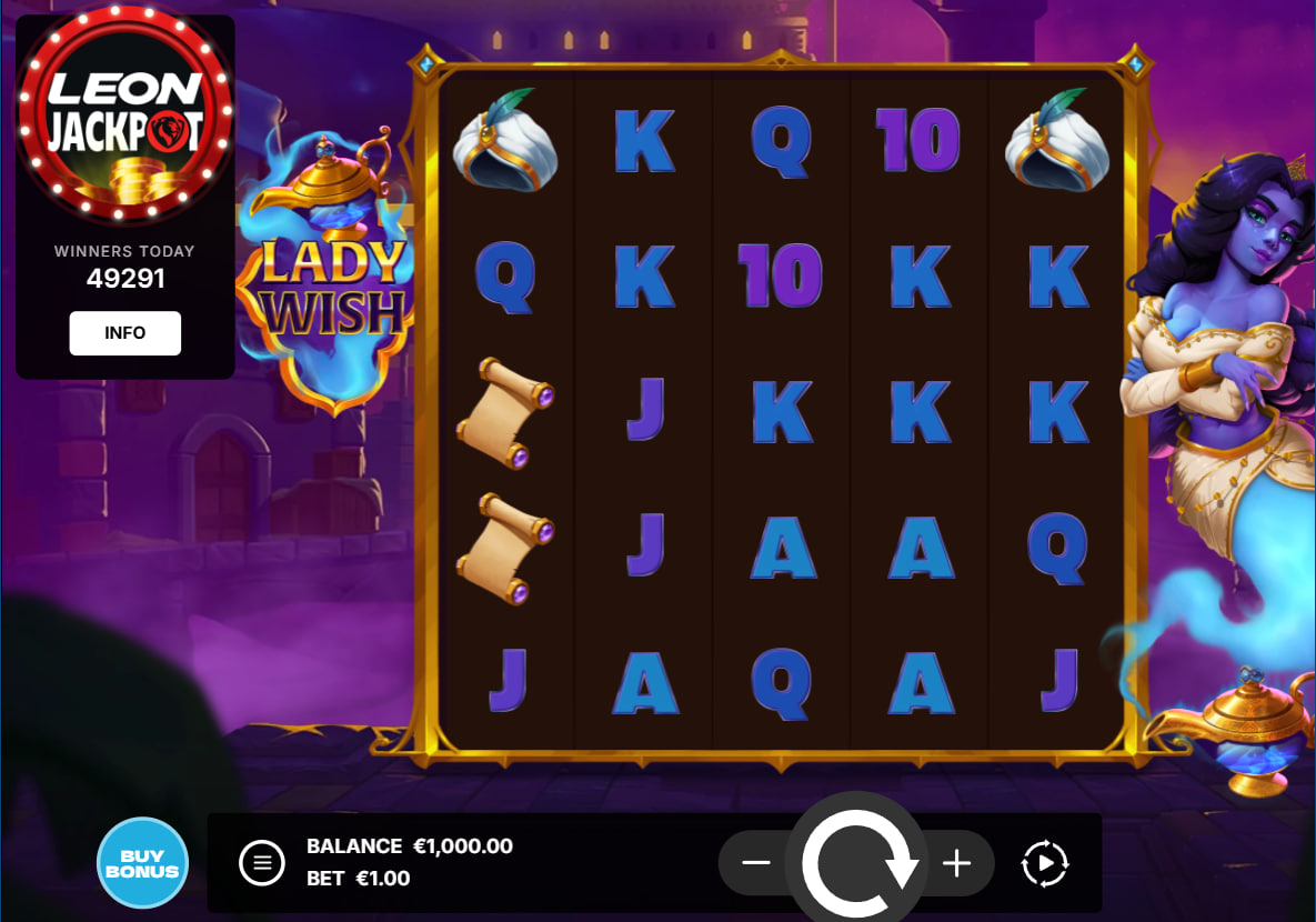 Lady Wish slot main 5x4 grid featuring Arabian symbols and the blue Genie character to help players identify the game interface.