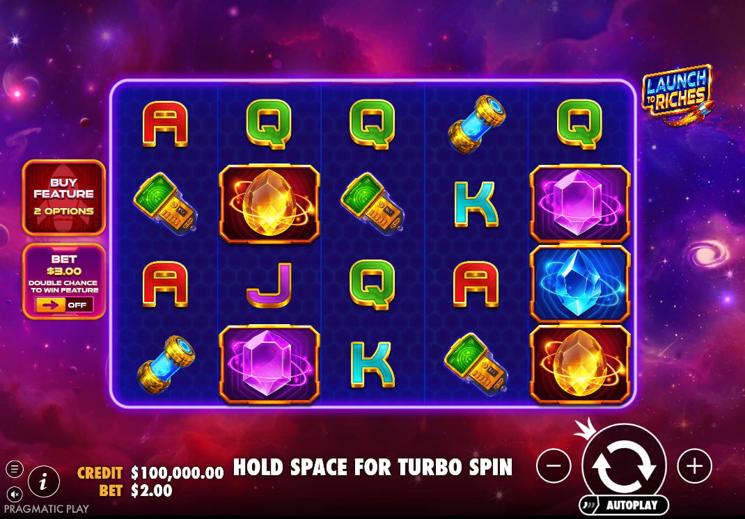 Launch to Riches slot main game interface on a 5x4 grid showing neon symbols and galaxy background for atmospheric space gameplay.