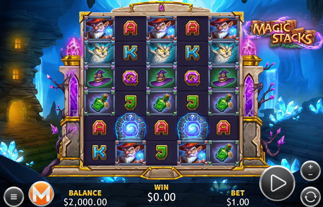 5x6 slot grid of Magic Stacks showing standard symbols and two glowing Magic Portals highlighting the restrictive 50-payline structure.