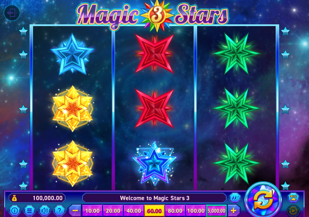 Magic Stars 3 slot 3x3 grid with neon star symbols and betting interface showing the adjustable volatility levels button.
