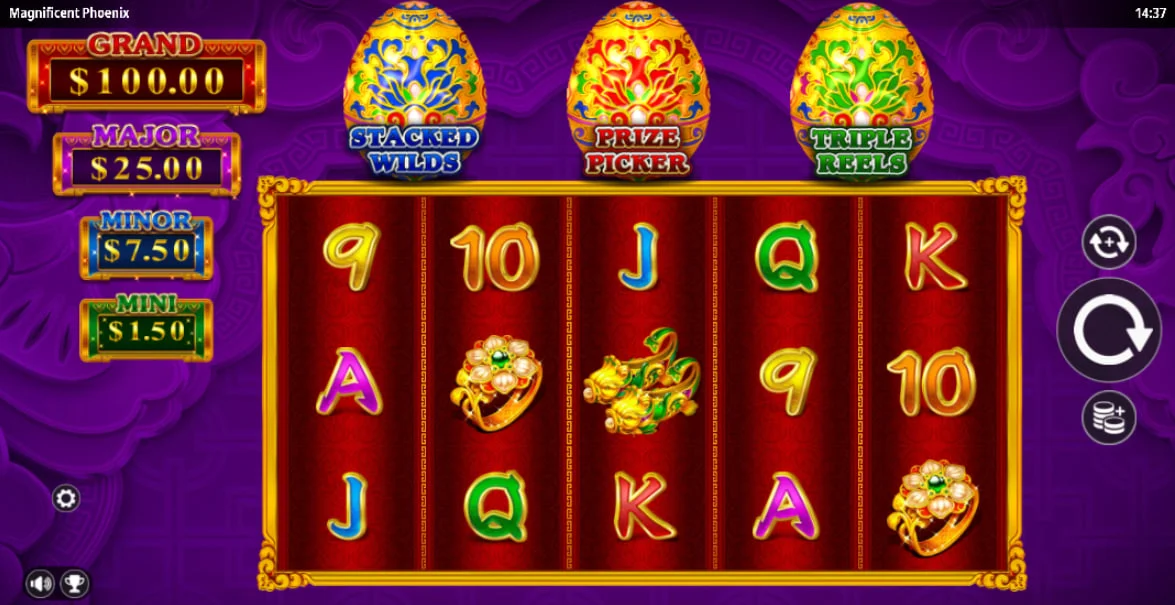 Magnificent Phoenix main slot interface showing the 5x3 grid and the three feature eggs for player reference on bonus progress.