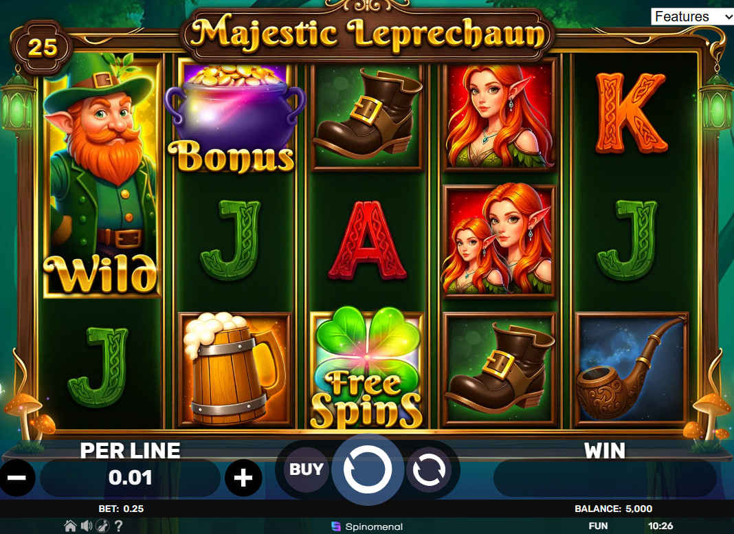 Majestic Leprechaun main game interface showing the 5x3 grid with leprechaun wilds and beer mug symbols for player reference.