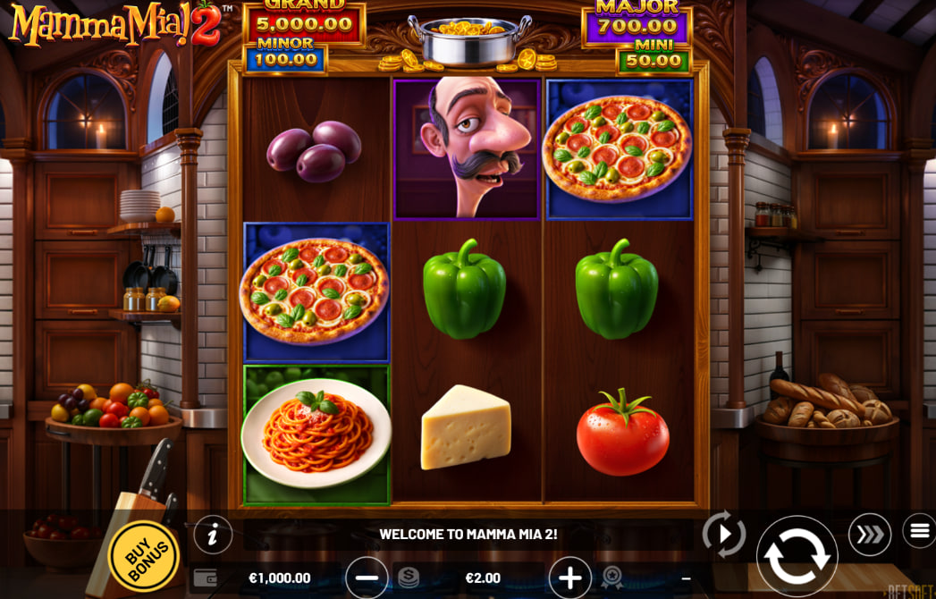 Mamma Mia! 2 slot base game grid featuring pizza and pasta symbols on a wooden kitchen background for thematic immersion.