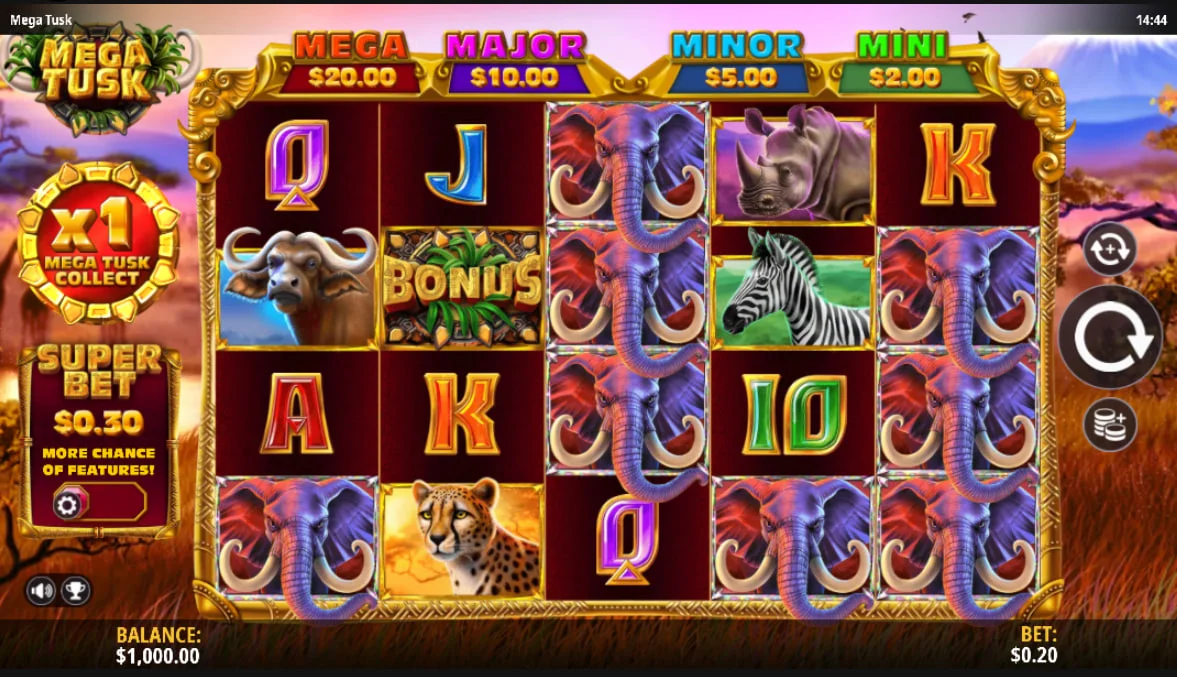 Mega Tusk slot base game interface showing the 5x4 safari grid and betting controls for player session management.